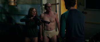 Movie still from “Cabin Fever” (2016), directed by Travis Zariwny – A man and a woman in their undies; Medium shot, Over the shoulder angle