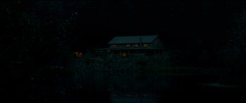Movie still from “Cabin Fever” (2016), directed by Travis Zariwny – A house is lit up at night near a body of water; Extreme Wide shot, High angle