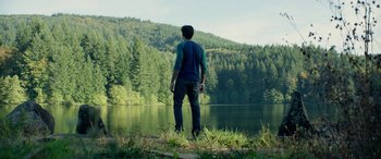 Movie still from “Cabin Fever” (2016), directed by Travis Zariwny – A man standing in front of a body of water; Extreme Wide shot, Low angle
