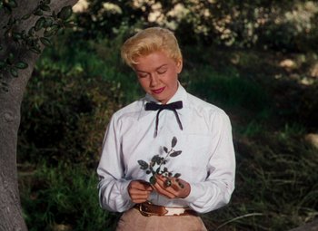 Movie still from “Calamity Jane” (1953), directed by David Butler – A woman in a white shirt holding a plant; Medium shot, Low angle