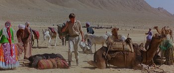 Movie still from “Caravans” (1978), directed by James Fargo – A man walking in the desert with a camel and other animals; Wide shot, High angle