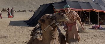 Movie still from “Caravans” (1978), directed by James Fargo – An old man standing next to a camel in the desert; Wide shot, Low angle