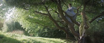 Movie still from “Carmilla” (2019), directed by Emily Harris – A woman sitting in a tree on a sunny day; Wide shot, Low angle