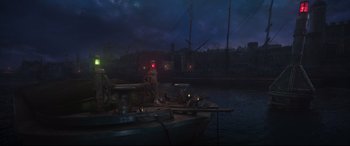Movie still from “Cats” (2019), directed by Tom Hooper – An image of a boat in the middle of the night; Extreme Wide shot, High angle