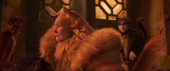 Movie still from “Cats” (2019), directed by Tom Hooper – A woman in a furry animal costume next to a cat; Close Up shot, Over the shoulder angle