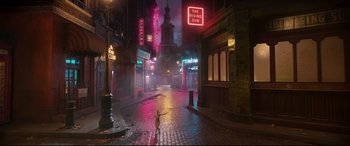 Movie still from “Cats” (2019), directed by Tom Hooper – An image of an empty city street at night time; Extreme Wide shot, High angle