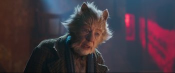 Movie still from “Cats” (2019), directed by Tom Hooper – An old woman with a cat's face and hair; Close Up shot, High angle