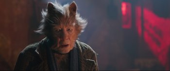 Movie still from “Cats” (2019), directed by Tom Hooper – An old woman with a cat's face on her shoulders; Close Up shot, High angle