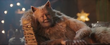 Movie still from “Cats” (2019), directed by Tom Hooper – A cat's face in a wicker basket; Close Up shot, High angle