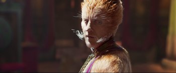 Movie still from “Cats” (2019), directed by Tom Hooper – A man in a costume with feathers on his face; Close Up shot, Low angle