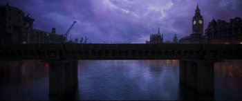 Movie still from “Cats” (2019), directed by Tom Hooper – A view of a bridge and a castle in the background; Extreme Wide shot, Low angle