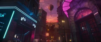 Movie still from “Cats” (2019), directed by Tom Hooper – An air balloon floating in the sky over a city; Extreme Wide shot, Low angle