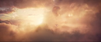 Movie still from “Cats” (2019), directed by Tom Hooper – A hot air balloon in the middle of the sky; Extreme Wide shot, Low angle