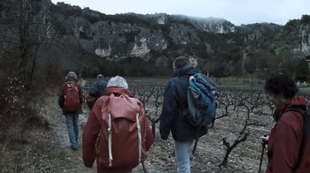 Movie still from “Cave of Forgotten Dreams” (2010), directed by Werner Herzog – A group of people with backpacks walking through a vineyard; Wide shot, Low angle