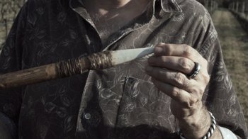 Movie still from “Cave of Forgotten Dreams” (2010), directed by Werner Herzog – A person holding a knife in their hand; Extreme Close Up shot, Overhead angle