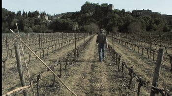 Movie still from “Cave of Forgotten Dreams” (2010), directed by Werner Herzog – A man and a child walking through a vineyard; Extreme Wide shot, High angle