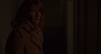 Movie still from “Certain Women” (2016), directed by Kelly Reichardt – A woman in a brown coat is standing in a dark room; Close Up shot, Over the shoulder angle