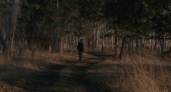 Movie still from “Certain Women” (2016), directed by Kelly Reichardt – A person is walking through the woods at night; Extreme Wide shot, High angle