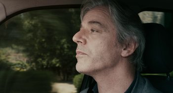 Movie still from “Certified Copy” (2010), directed by Abbas Kiarostami – A person looking out of a car window; Close Up shot, Low angle