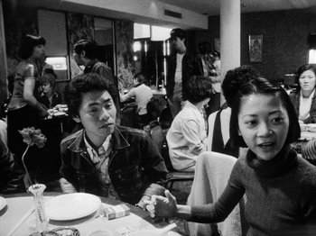 Movie still from “Chan Is Missing” (1982), directed by Wayne Wang – A group of people sitting around a table; Medium shot, Over the shoulder angle