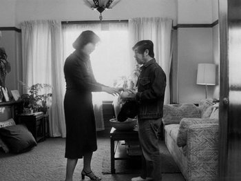 Movie still from “Chan Is Missing” (1982), directed by Wayne Wang – An older woman and a young man standing in a living room; Medium shot, High angle