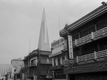 Movie still from “Chan Is Missing” (1982), directed by Wayne Wang – A black - and - white photo of buildings in a city; Extreme Wide shot, Low angle