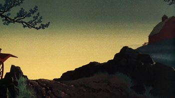 Movie still from “Charlotte's Web” (1973), directed by Iwao Takamoto – A painting of a tree on top of a hill; Wide shot, Low angle