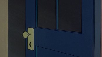 Movie still from “Charlotte's Web” (1973), directed by Iwao Takamoto – A door with a lock on it and a door handle; Extreme Close Up shot, High angle