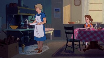 Movie still from “Charlotte's Web” (1973), directed by Iwao Takamoto – A woman standing in front of an oven in a kitchen; Wide shot, High angle