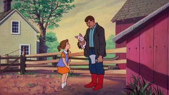 Movie still from “Charlotte's Web” (1973), directed by Iwao Takamoto – A man and a girl holding a pig in a field; Medium shot, Over the shoulder angle