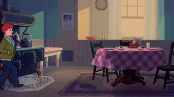 Movie still from “Charlotte's Web” (1973), directed by Iwao Takamoto – A cat sitting on the floor near a table with food on it; Extreme Wide shot, High angle