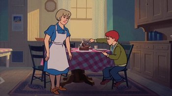 Movie still from “Charlotte's Web” (1973), directed by Iwao Takamoto – A woman and a boy sitting at a dinner table; Medium shot, High angle