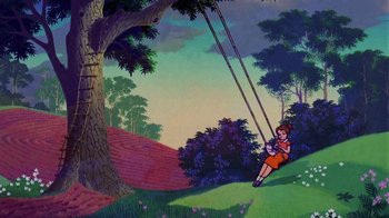 Movie still from “Charlotte's Web” (1973), directed by Iwao Takamoto – A painting of a girl swinging on a swing set; Extreme Wide shot, High angle