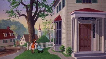 Movie still from “Charlotte's Web” (1973), directed by Iwao Takamoto – A woman with a baby carriage in front of a house; Extreme Wide shot, High angle