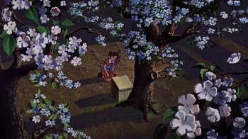 Movie still from “Charlotte's Web” (1973), directed by Iwao Takamoto – A painting of a woman sitting on a tree stump; Wide shot, High angle