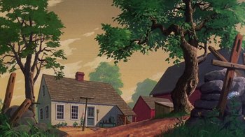 Movie still from “Charlotte's Web” (1973), directed by Iwao Takamoto – A painting of houses and a tree in the background; Extreme Wide shot, Low angle