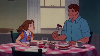 Movie still from “Charlotte's Web” (1973), directed by Iwao Takamoto – A girl sitting at a table in front of an older man; Medium shot, Over the shoulder angle
