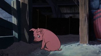 Movie still from “Charlotte's Web” (1973), directed by Iwao Takamoto – A pink pig sitting in the middle of a room; Medium shot, High angle