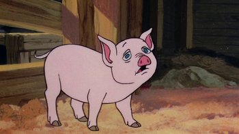 Movie still from “Charlotte's Web” (1973), directed by Iwao Takamoto – A cartoon of a pink pig looking sad; Close Up shot, High angle