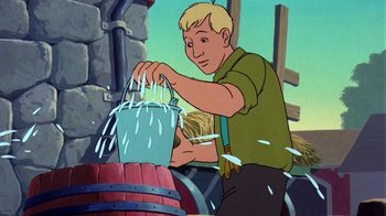 Movie still from “Charlotte's Web” (1973), directed by Iwao Takamoto – A man pouring water into a barrel; Medium shot, High angle