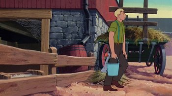Movie still from “Charlotte's Web” (1973), directed by Iwao Takamoto – A man holding a blue bucket in his hand; Wide shot, Low angle