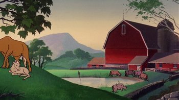 Movie still from “Charlotte's Web” (1973), directed by Iwao Takamoto – A painting of a red barn with horses grazing in the background; Extreme Wide shot, Low angle