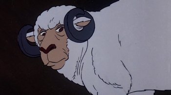 Movie still from “Charlotte's Web” (1973), directed by Iwao Takamoto – An animation of a sheep with horns on its head; Close Up shot, Low angle