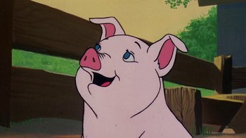 Movie still from “Charlotte's Web” (1973), directed by Iwao Takamoto – A cartoon of a pig smiling for the camera; Close Up shot, Low angle