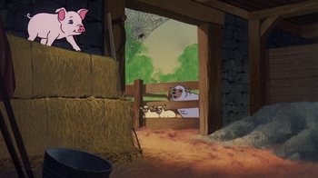 Movie still from “Charlotte's Web” (1973), directed by Iwao Takamoto – A pig standing on top of a pile of hay next to a dog; Wide shot, High angle