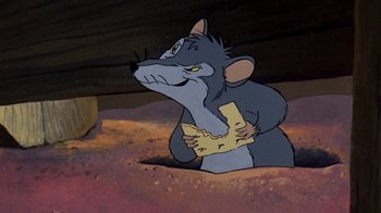 Movie still from “Charlotte's Web” (1973), directed by Iwao Takamoto – A cartoon of a mouse holding a piece of paper; Close Up shot, High angle
