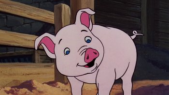 Movie still from “Charlotte's Web” (1973), directed by Iwao Takamoto – A cartoon of a pink pig with pink ears and nose; Close Up shot, Low angle