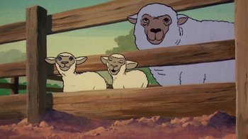 Movie still from “Charlotte's Web” (1973), directed by Iwao Takamoto – Two sheep and a lamb behind a wooden fence; Medium shot, Low angle