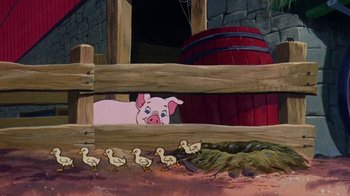 Movie still from “Charlotte's Web” (1973), directed by Iwao Takamoto – A painting of a pig looking out of a barn; Wide shot, Low angle