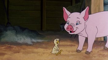 Movie still from “Charlotte's Web” (1973), directed by Iwao Takamoto – A pig and a duck in a barn; Medium shot, High angle